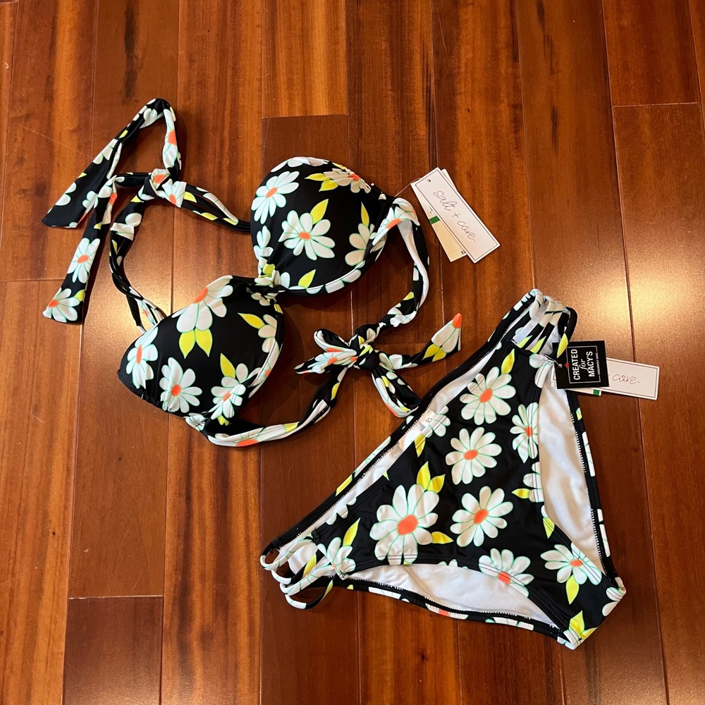 Floral Push-Up Bikini Set Two Piece Swim Salt + Cove Black Daisy Retro Size L